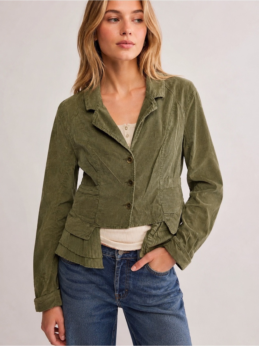 Free People Army Green Corduroy Heritage Jacket with Vest Size M-like new - Picture 1 of 15